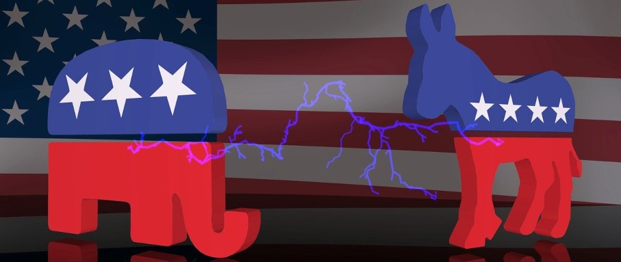 What do the Next Four Years Look Like for Investors with GOP elephant and Donkey connected by lightning and US flag background.