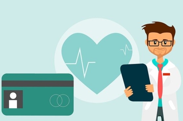 Health Insurance Resources for Laid-Off Workers with cartoon image of doctor, health insurance card, and heartbeat in background.
