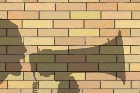 Branding image with silhouette of person talking in megaphone.