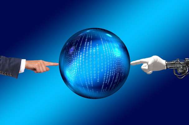 Robo Advisors show a hand and mechanical hand pointing at a globe.