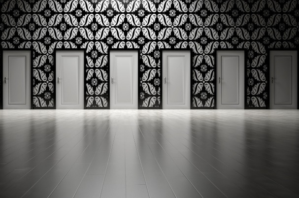 Risky business of investing shows multiple doors on a wall that an investor could enter.