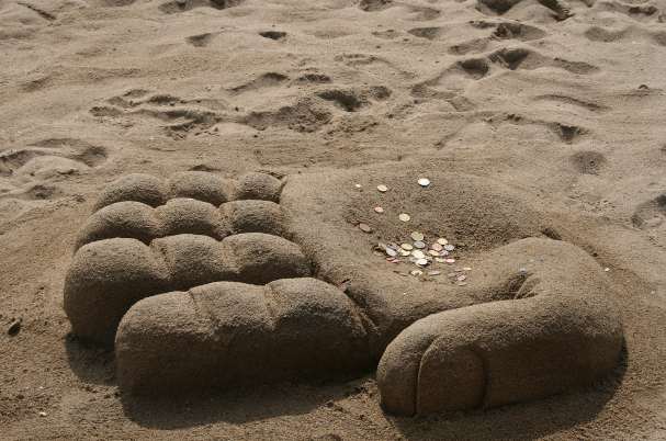 Snowbirds shows sand hand on beach.