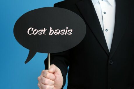 Why Cost Basis Gain or Loss Doesn’t Equal Investment Performance Image Shows Man Holding Sign that Reads Cost Basis.