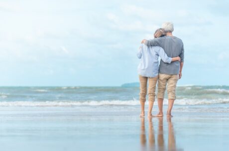 Frequently Asked Questions About Social Security Retirement Benefits shows couple rest at tropical resort.