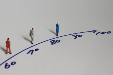 Federal and State Retirement Systems With elderly figures standing in line labeled with decades from age 60-100.