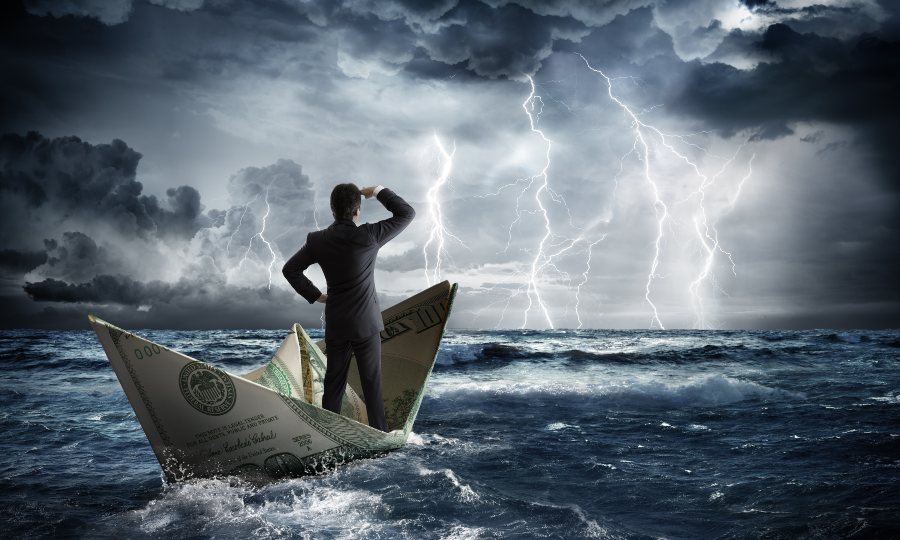 Episode 45 podcast image depicts a man in boat made of money staring at storm determining is it a recession or not