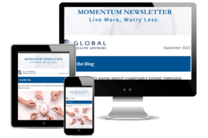 Momentum Newsletter concept shows newsletter image on multiple electronic devices.
