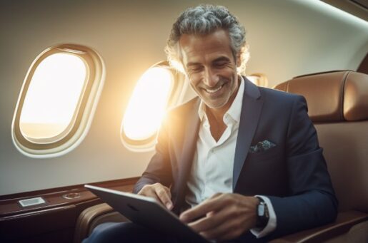 High-Net-Worth Planning image is depicted by a smiling happy businessman flying and working in a private airplane while using his laptop.