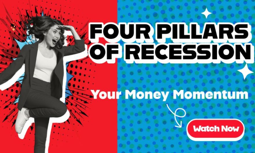 Four Pillars of Recession concept art depicts a woman jumping through a hole in the red and blue background with title and a watch now button.