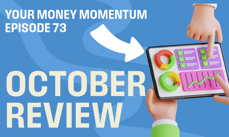 October Review cover image depicts the words October Review and a cartoon looking tablet held by a professional advisor that shows financial graphs and data.